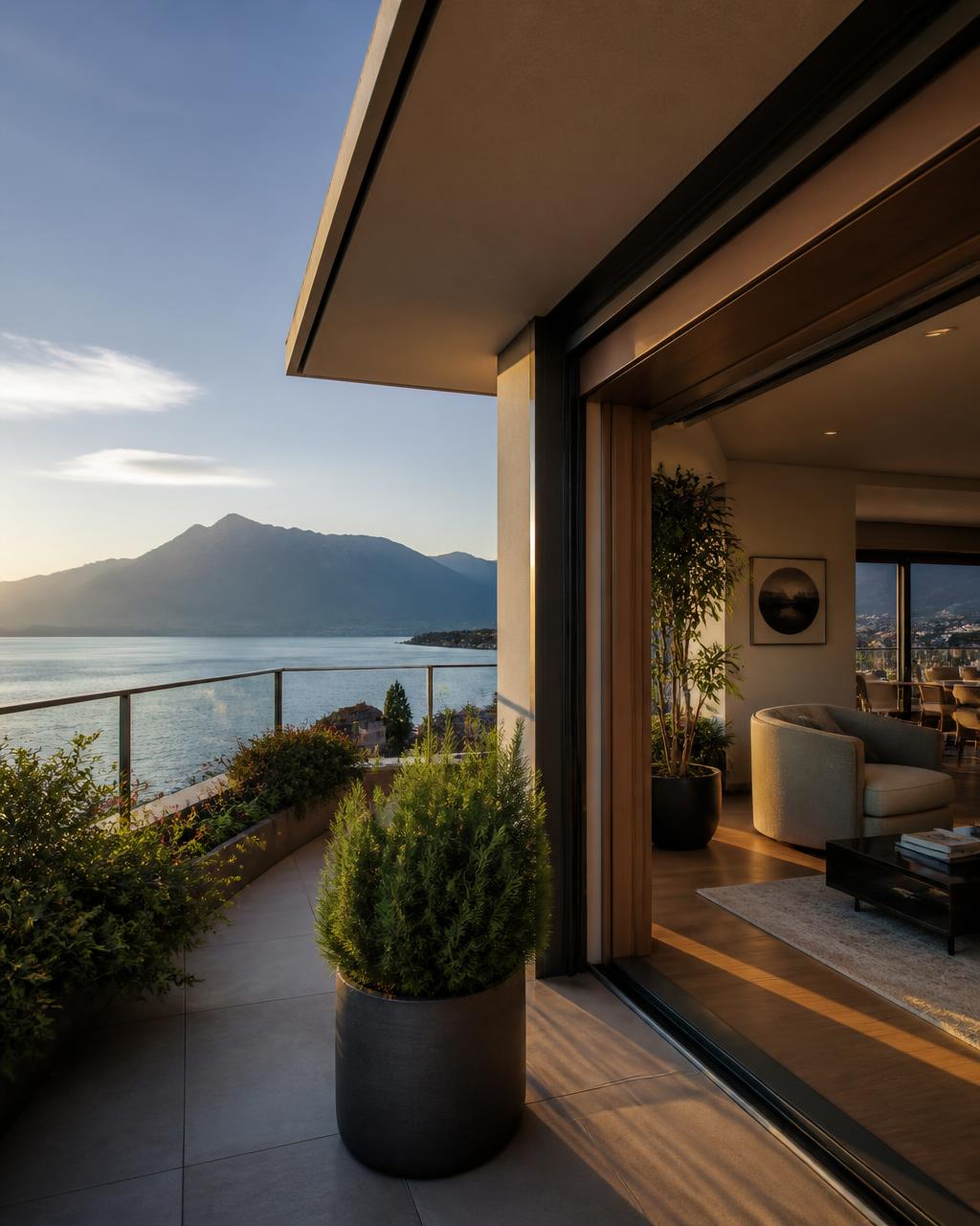 Terrasse d'un appartement contemporain avec vue panoramique sur le lac Léman et les Alpes au coucher du soleil